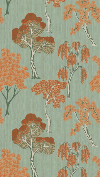 Vliestapete mit stilisiertem Baummuster in Orange und Grün.