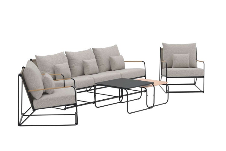 Modernes Garten-Lounge-Set bestehend aus Dreisitzer-Sofa, zwei Sesseln und zwei Couchtischen. Schwarzes Metallgestell mit grauen Polsterkissen.