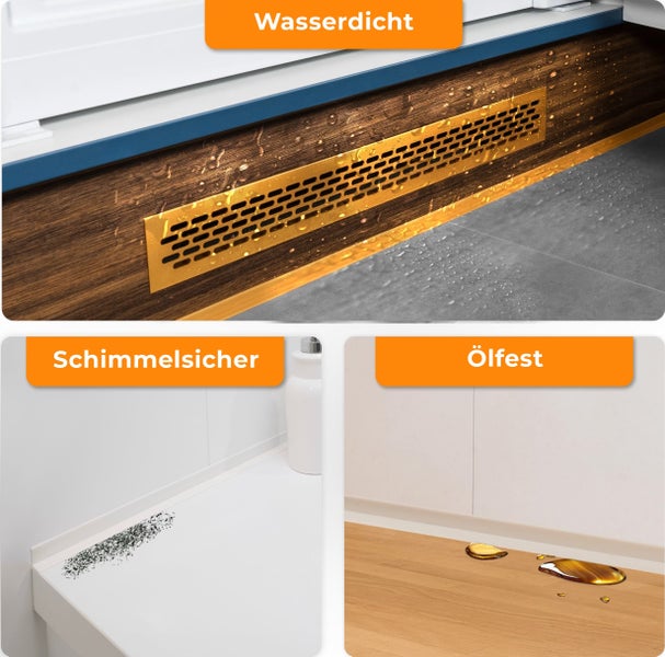Produktmerkmale einer Sockelleiste: wasserdicht, schimmelsicher und ölfest für die Verwendung in Küche und Bad.
