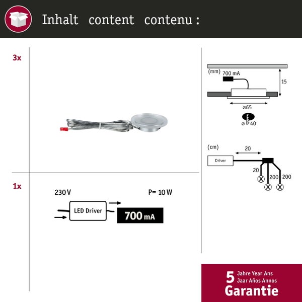 Lieferumfang: 3 LED-Einbaustrahler, 1 LED-Treiber (230 Volt, 10 Watt, 700 Milliampere), Abmessungen in Millimeter und Zentimeter, 5 Jahre Garantie.