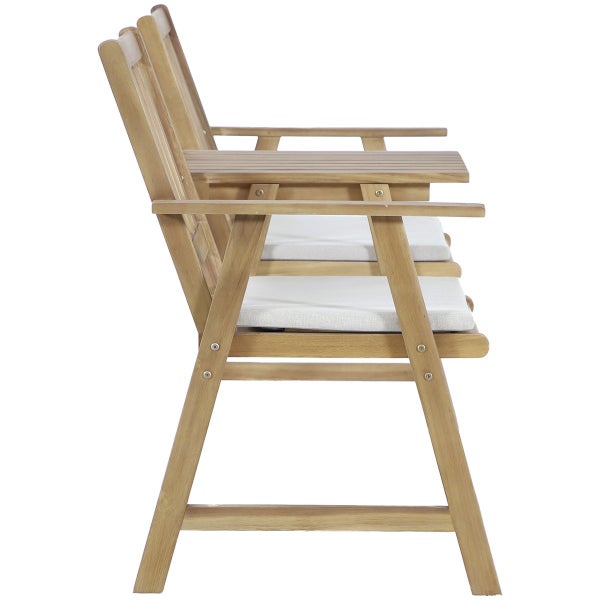 Gartenbank aus Holz für zwei Personen mit integriertem Tisch und Sitzkissen in der Seitenansicht.