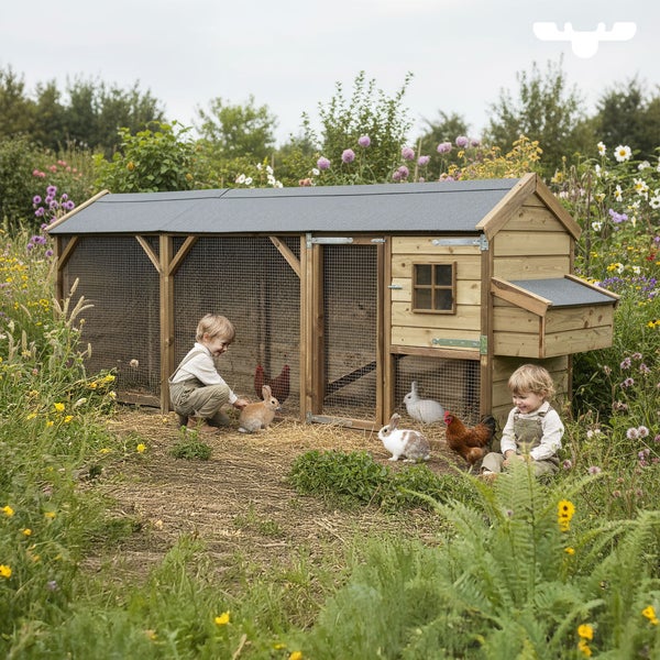 Hühnerstall aus Holz mit Tieren und spielenden Kindern im Garten.