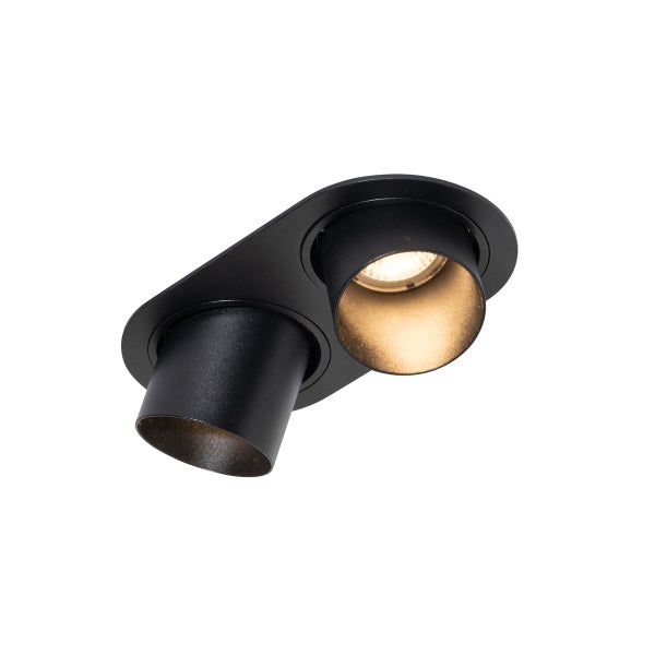 Schwarzer zweiflammiger Deckenstrahler mit goldfarbener Innenseite.