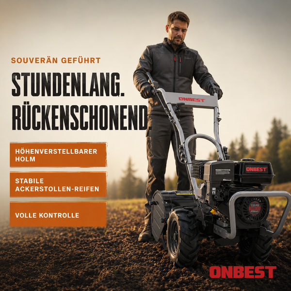 Ein Mann bedient eine Onbest Motorhacke auf einem Feld. Die Gartenfräse hat einen höhenverstellbaren Holm und Ackerstollenreifen.