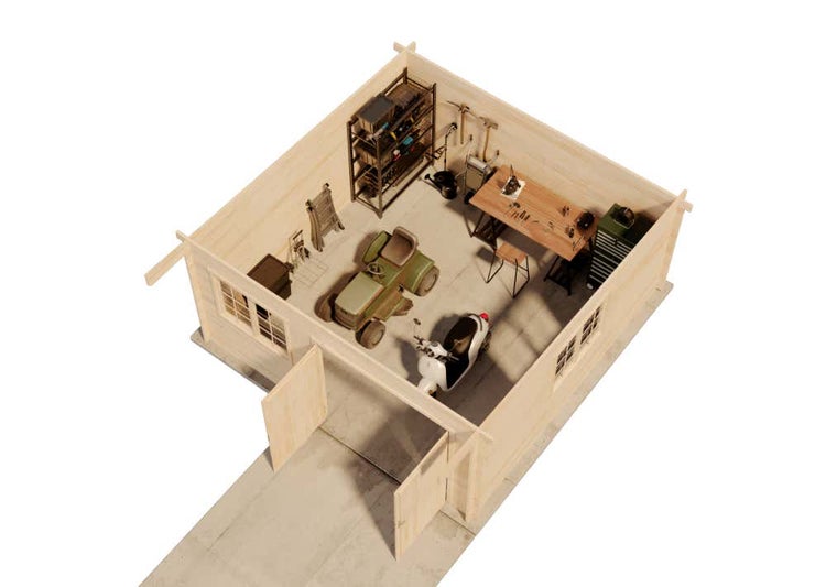 Organisierte, helle Holzgarage in Draufsicht ohne Dach, mit Aufsitzmäher, Roller, Werkbank, Werkzeug und Metallregal auf Betonboden.