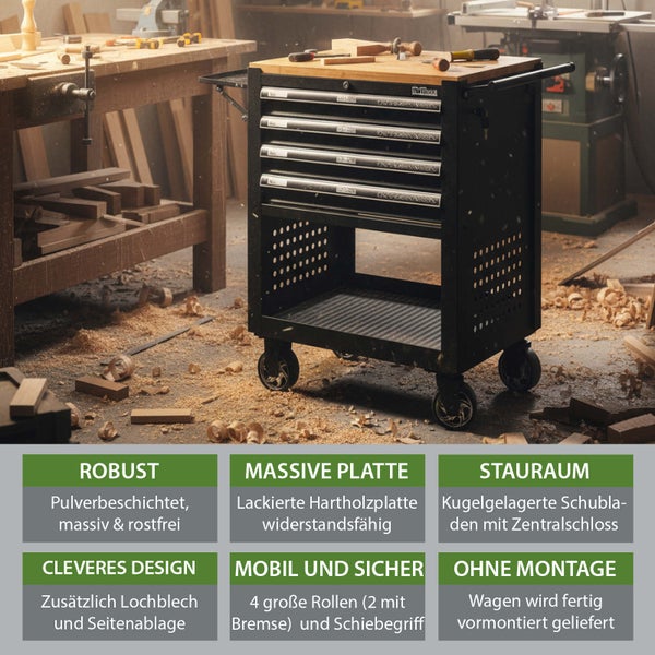 Werkstattwagen mit Schubladen, Ablage und Holzplatte in einer Werkstatt