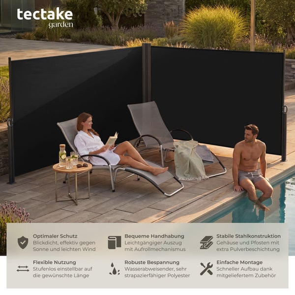 tectake Logo. Doppel-Seitenmarkise in L-Form auf einer Terrasse am Pool. Mit Sonnenliegen, Beistelltisch und blickdichter Bespannung aus Polyester.