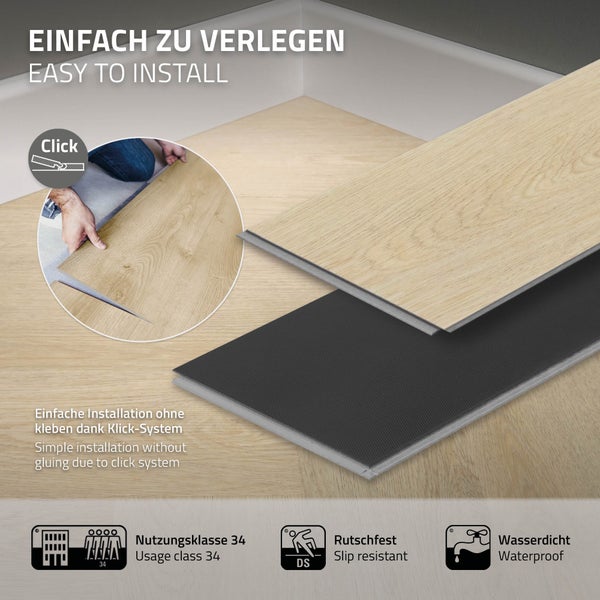 ML-Design Deluxe PVC Bodenbelag, Click Vinyl-Dielen Vinylboden, 61cmx12,8cmx4,2mm, Dicke 4,2mm, 3,12m²/40 Dielen, Fischgrät Eiche natur, Braun, Holzoptik, rutschfest, wasserfest, Belastungsklasse 34