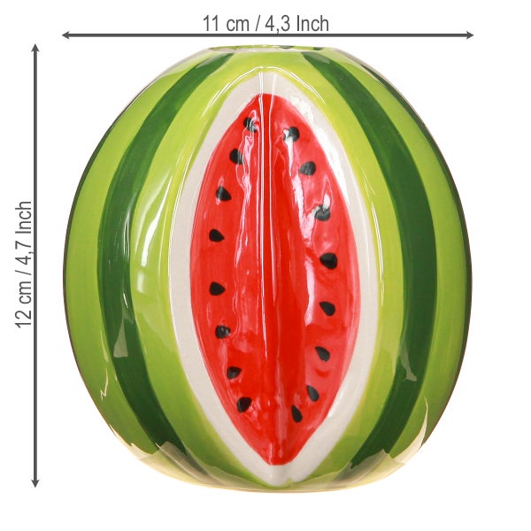 Dekorative Vase in Form einer Wassermelone, Höhe 12 Zentimeter, Breite 11 Zentimeter, glänzende Oberfläche mit Streifenmuster und Kernen.