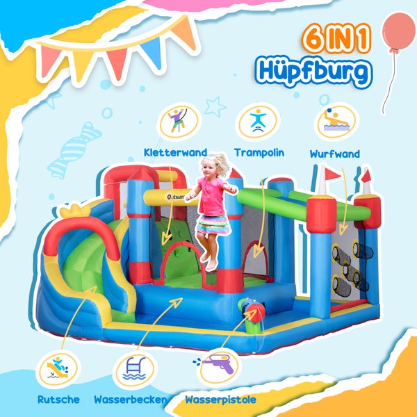 Outsunny Hüpfburg, Wasserpark, Aufblasbare Hüpfburg mit Gebläse, Wasserspielcenter, inkl. Wasserrutsche, Trampolin, Kletterwand, für Kinder ab 3 Jahren, In- und Outdoor, Bunt, 390 x 300 x 197 cm