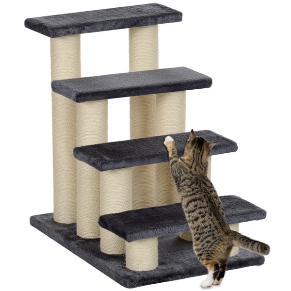 PawHut Tiertreppe Katzentreppe Hundetreppe 4 Stufen Treppe für Katze und Hunde Plüsch Grau 60 x 40,5 x 59 cm
