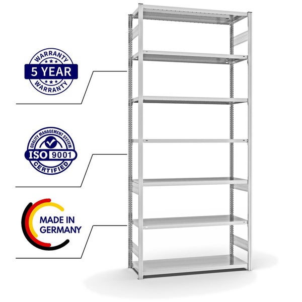 PROREGAL Fachbodenregal Stecksystem T-Profil Medium-Duty Grundregal HxBxT 300 x 130 x 50 cm 7 Ebenen Fachlast 230 kg Beidseitig Nutzbar Lichtgrau