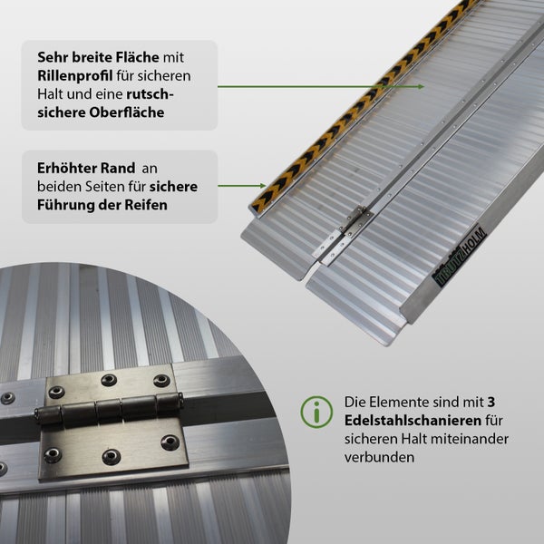 Detailansicht einer klappbaren Aluminiumrampe mit rutschfester Oberfläche und Edelstahlscharnieren.