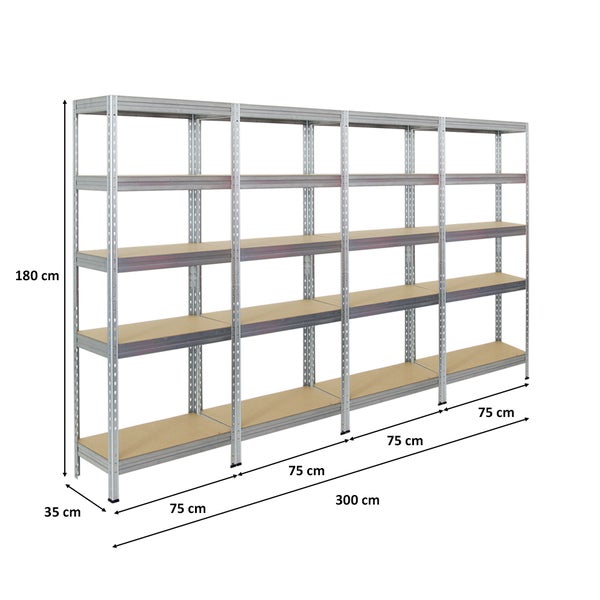 PROREGAL Mega Deal 4x Schwerlastregal Rivet HxBxT 180 x 75 x 35 cm Fachlast 150 kg Verzinkt
