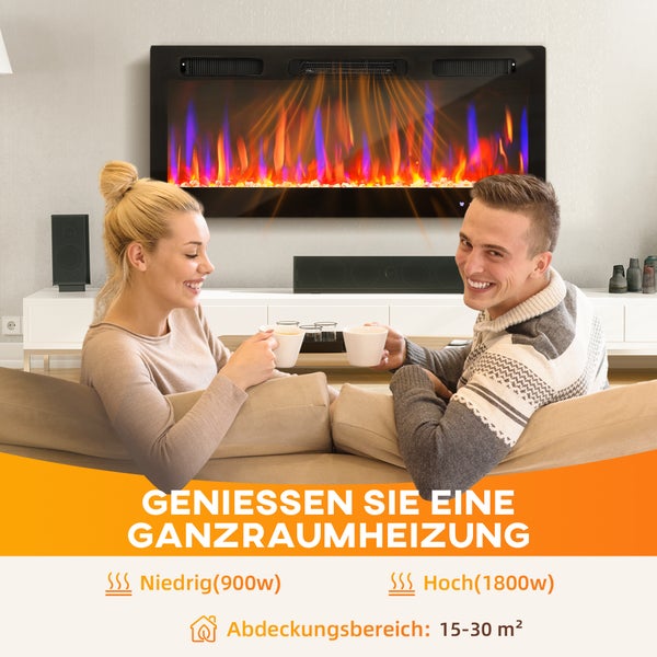 Elektrischer Kamin an der Wand mit Dekorationen im Wohnzimmer
