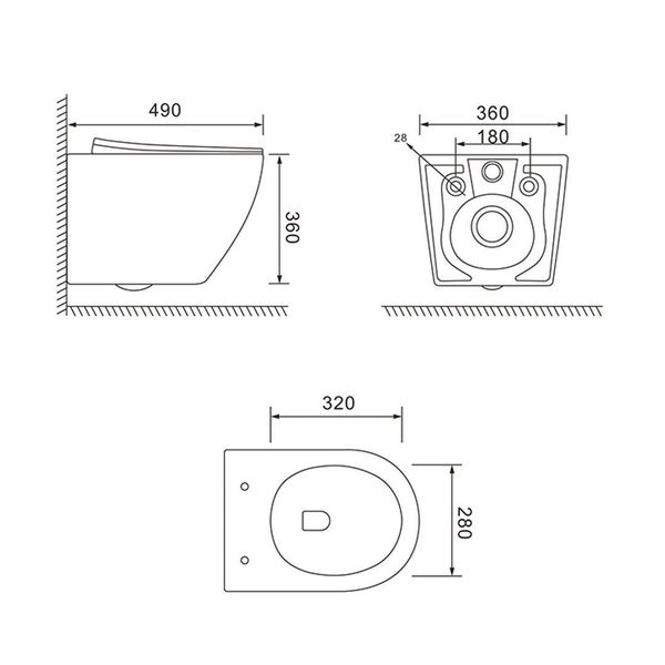 Technische Zeichnung eines Wand-WCs mit Bemaßung