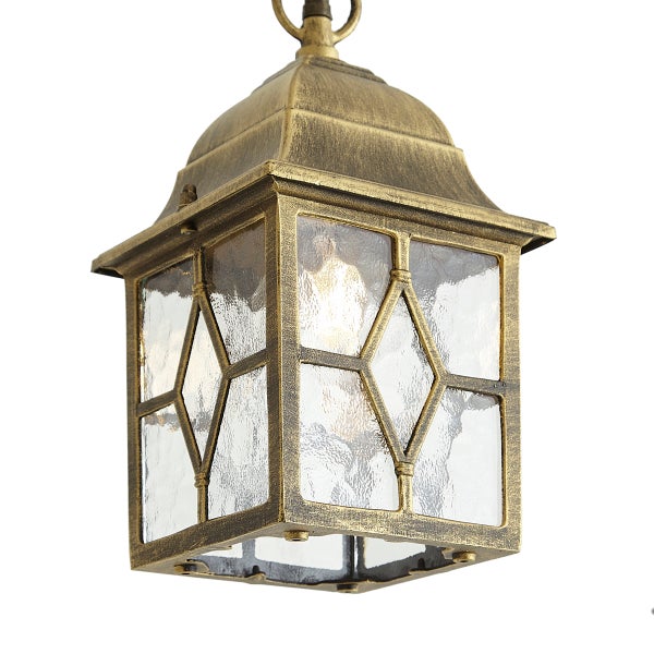 Antike Außenpendelleuchte im Laternen-Design mit Strukturglas und wetterbeständigem Metallrahmen in gebürsteter Optik.