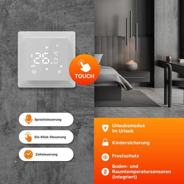 Touchscreen-Thermostat mit Funktionen wie Sprachsteuerung, Ein-Klick-Steuerung, Urlaubsmodus, Kindersicherung, Frostschutz sowie Boden- und Raumtemperatursensoren