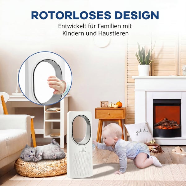 Rotorloser Turmventilator in einem hellen Wohnzimmer mit krabbelndem Baby und Kätzchen zur Veranschaulichung der Sicherheit für Familien.