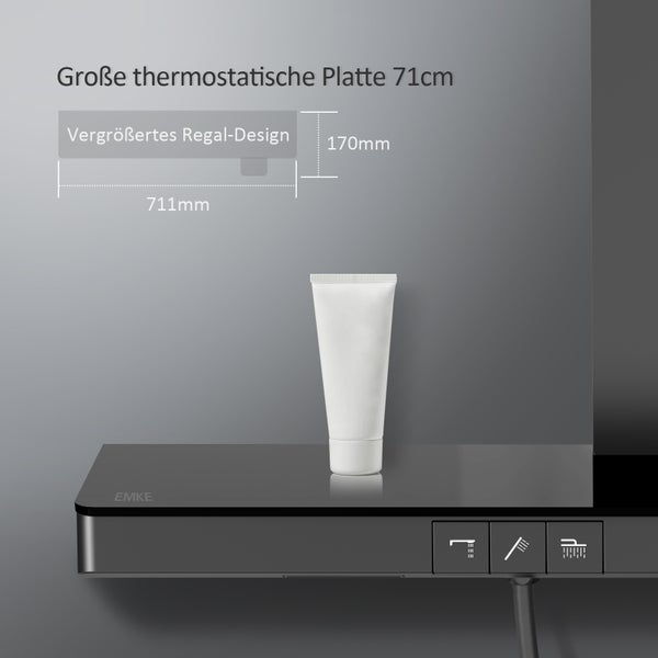 EMKE Duschsystem mit Thermostat, Duscharmatur Komplettset, 36 cm eckige Regendusche, 3 Wasserauslässe, Handbrause mit 3 Strahlarten, KTW-zertifiziert, 71 cm Ablagearmatur, 1,5 m Brauseschlauch, Matt Schwarz