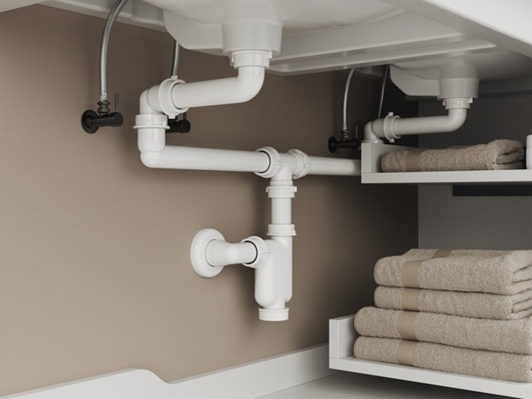 Aqua Bagno Raumsparsiphon für Doppel Waschtisch - Möbelsiphon - Siphon platzsparend - flexibel einstellbar - G 1 1/4 Zoll - DN32 - Doppelwaschbecken