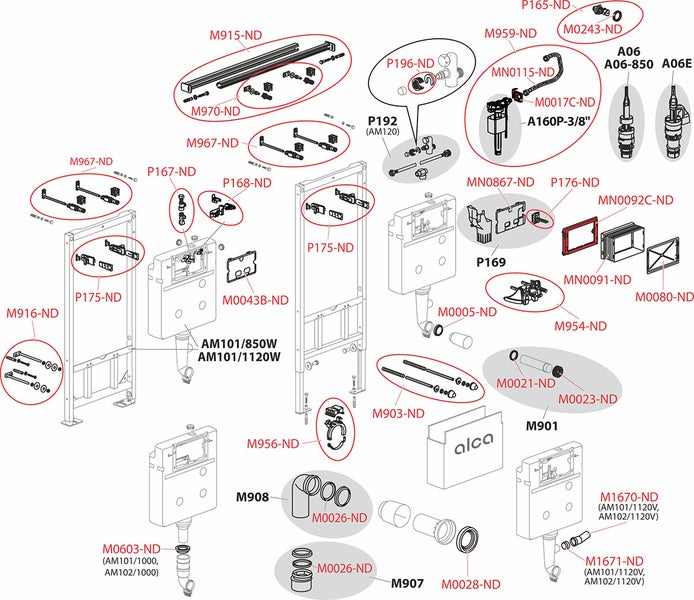 Explosionszeichnung eines Alca Unterputz-Spülkastensystems mit Ersatzteilen wie Metallrahmen, Ventilen, Dichtungen und Rohren.