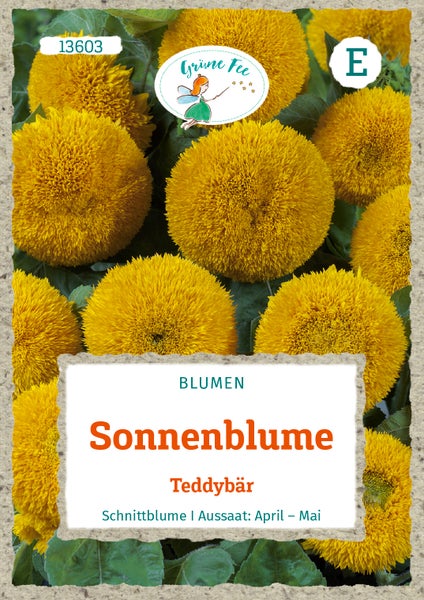Samentüte für Grüne Fee Sonnenblume Teddybär mit dicht gefüllten gelben Blüten und grünen Blättern. Grüne Fee Logo.