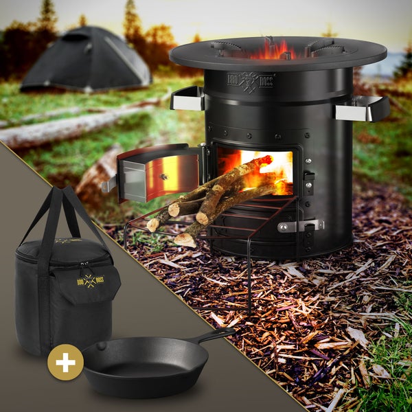 BBQ#BOSS Raketenofen mit Grillpfanne & Tragetasche, Stahl, Schwarz, mit Gusseisen Grillplatte, Campingkocher Holz mit Brennholzständer, Doppeltür, Camping BBQ Holzofen, Outdoor, Dutch Oven Raketenherd