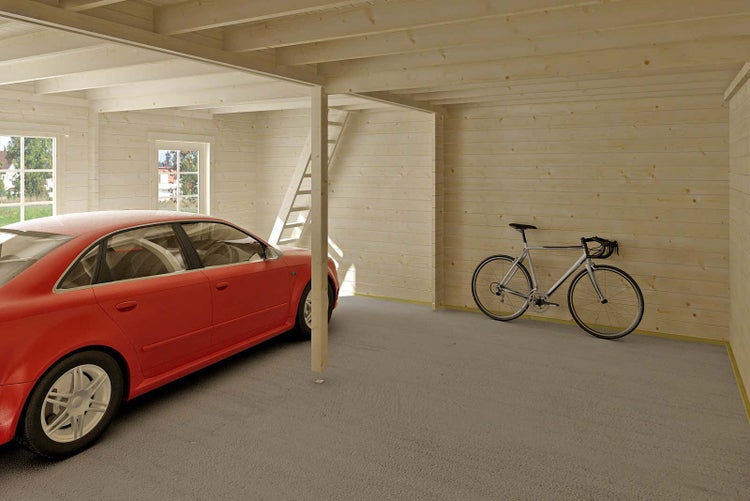 Holzgarage mit Auto und Fahrrad