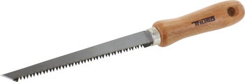 Stichsäge mit Holzgriff und gezahnter Stahlklinge für präzise Schnitte.
