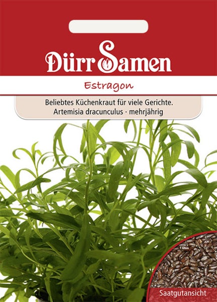 Dürr Samen Logo, Samentüte Estragon, Artemisia dracunculus, mehrjährig, Abbildung der Pflanze und der Samen.