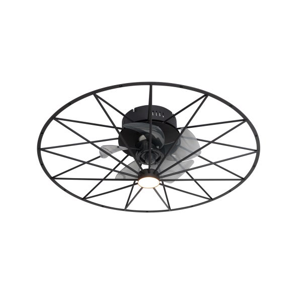 Deckenventilator mit LED-Beleuchtung, schwarzer Metallkäfig im Industriedesign, transparente Flügel.