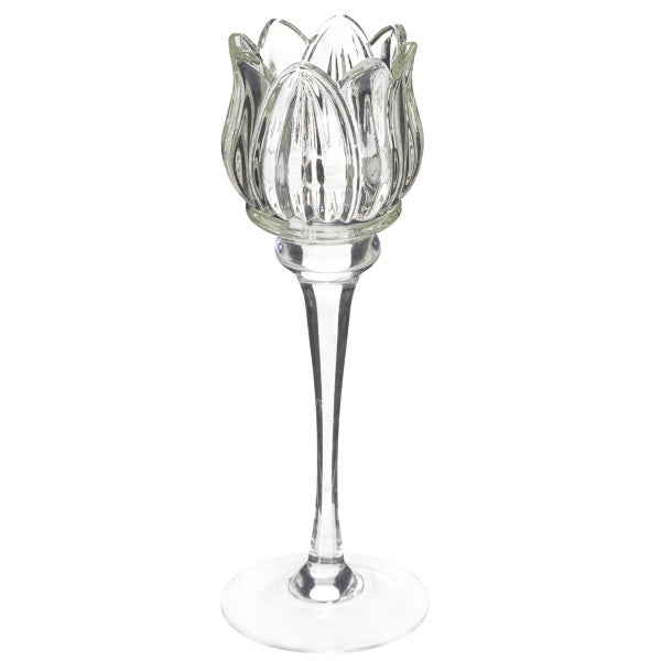 Teelichthalter aus Glas in Tulpenform mit langem Stiel, Höhe 22 Zentimeter, Durchmesser 6 Zentimeter.