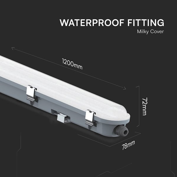 Wasserdichte Leuchte mit den Maßen 1200 mm Länge, 72 mm Höhe und 78 mm Breite.