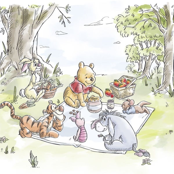 Illustration einer Picknick-Szene mit Winnie Puuh und seinen Freunden im Wald.