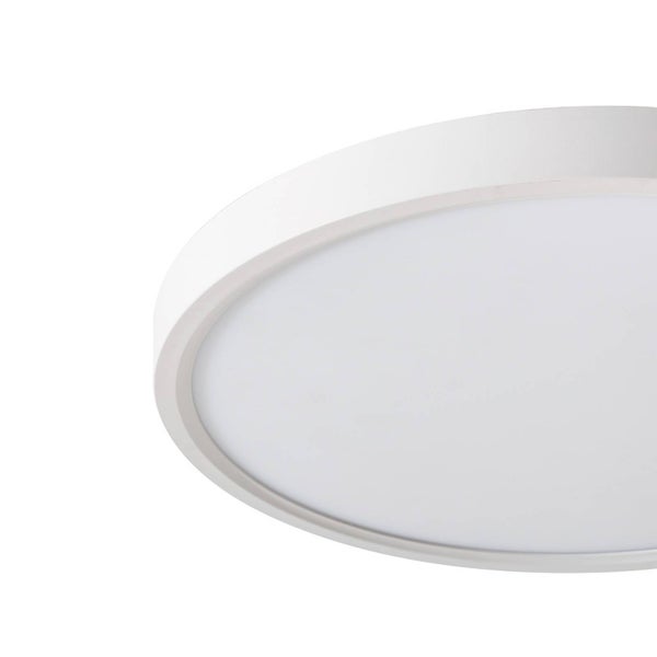 Flache, runde weiße LED-Deckenleuchte mit mattem Diffusor.