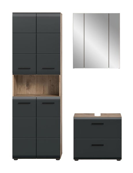 Badmöbel-Set bestehend aus Hochschrank mit offenem Fach, Spiegelschrank und Waschbeckenunterschrank in Anthrazit und Eichenoptik.