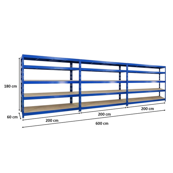 PROREGAL Mega Deal 3x Profi Schwerlastregal Rhino HxBxT 180 x 200 x 60 cm 5 Spanplatten-Ebenen 8mm Fachlast 500 kg Blau