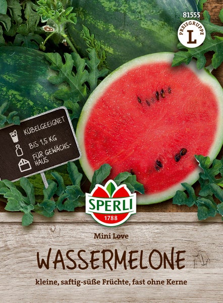 Sperli Wassermelone Mini Love Saatgut mit Abbildung von Wassermelonen und Informationen zu Kübelhaltung sowie Gewächshauseignung.