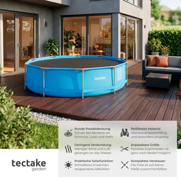 Runde tectake Poolabdeckung fuer Aufstellbecken auf einer Holzterrasse mit Symbolen fuer Schutz, Waermefunktion, Langlebigkeit und Anpassbarkeit