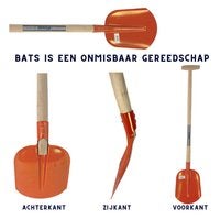 Orangefarbene Schaufel mit Holzstiel in verschiedenen Ansichten