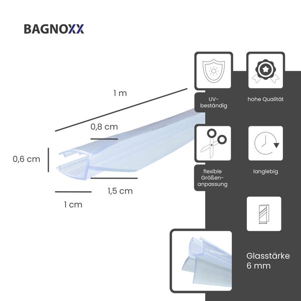 Bagnoxx Logo und transparente Duschdichtung mit Maßen: Länge 1 Meter, Glasstärke 6 Millimeter. UV-beständig, flexibel zuschneidbar und langlebig.