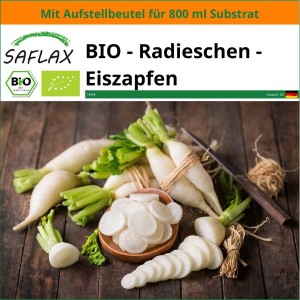 SAFLAX Garden in the bag - BIO - Radieschen - Eiszapfen - Raphanus sativus - 100 Samen - Mit Anzuchtsubstrat im praktischen, selbst aufstellenden Beutel