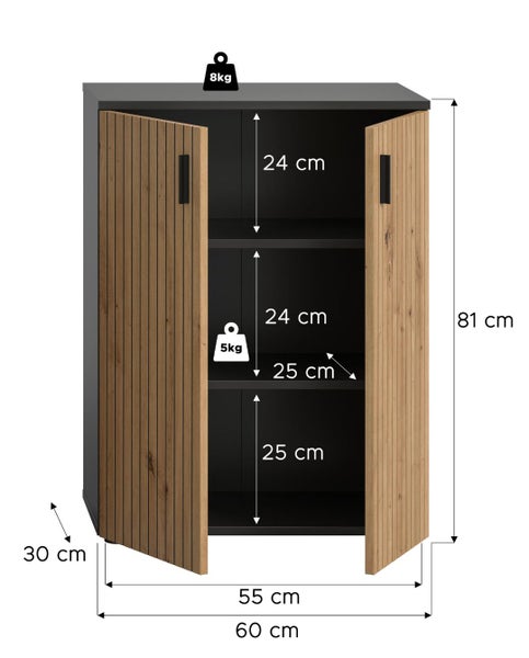 Schrank mit Maßen: 81 Zentimeter hoch, 60 Zentimeter breit, 30 Zentimeter tief. Traglast: oben 8 Kilogramm, Fach 5 Kilogramm.