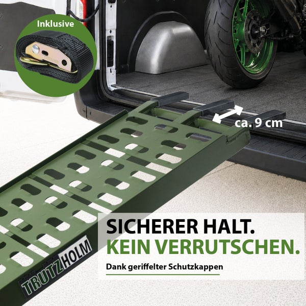 Trutzholm Auffahrschiene inklusive Spanngurt. Geriffelte Schutzkappen von circa 9 Zentimetern für sicheren Halt am Fahrzeug.