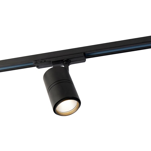 Schwarzer, zylindrischer Strahler für Schienensysteme, leuchtend.