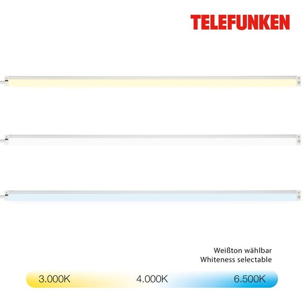 Telefunken LED-Lichtleiste mit wählbaren Farbtemperaturen von 3000 Kelvin, 4000 Kelvin und 6500 Kelvin.