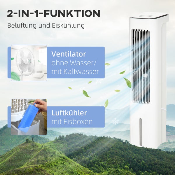 Weißer Luftkühler Turm mit zwei in eins Funktion für Belüftung und Eiskühlung, inklusive Eisboxen und Wassertank.