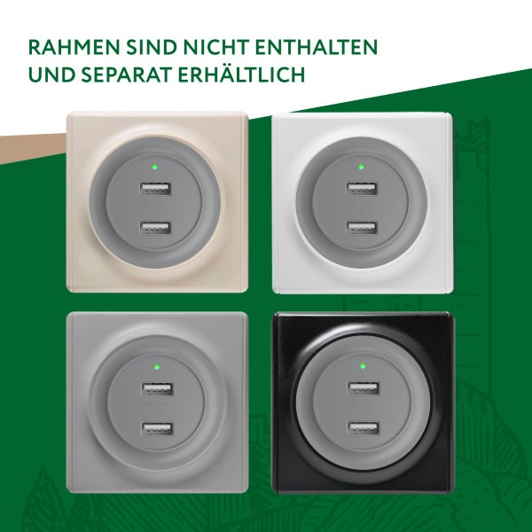 Vier USB Steckdosen Einsätze mit zwei Anschlüssen und Kontrollleuchte, Rahmen sind nicht enthalten.