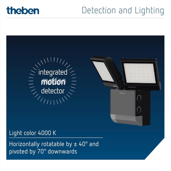 Theben 1020803 theLeda S17-100 BK LED-Strahler I integrierter Bewegungsmelder I schwarz I 17 W I Wandmontage I Lichtfarbe 4000 K I Erfassungswinkel 180° I 10 m Reichweite I schwenkbar